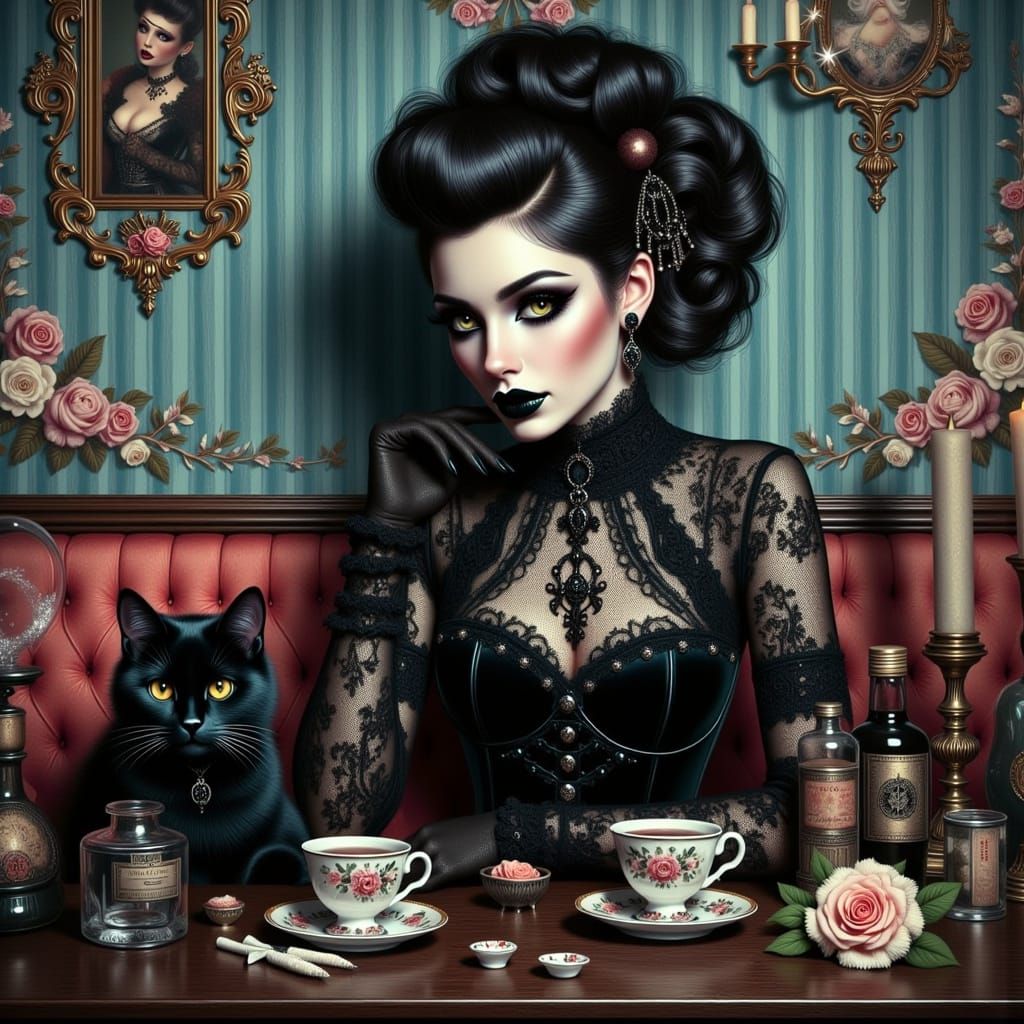 Gothic Woman with Black Cat in Ash Thorp Style