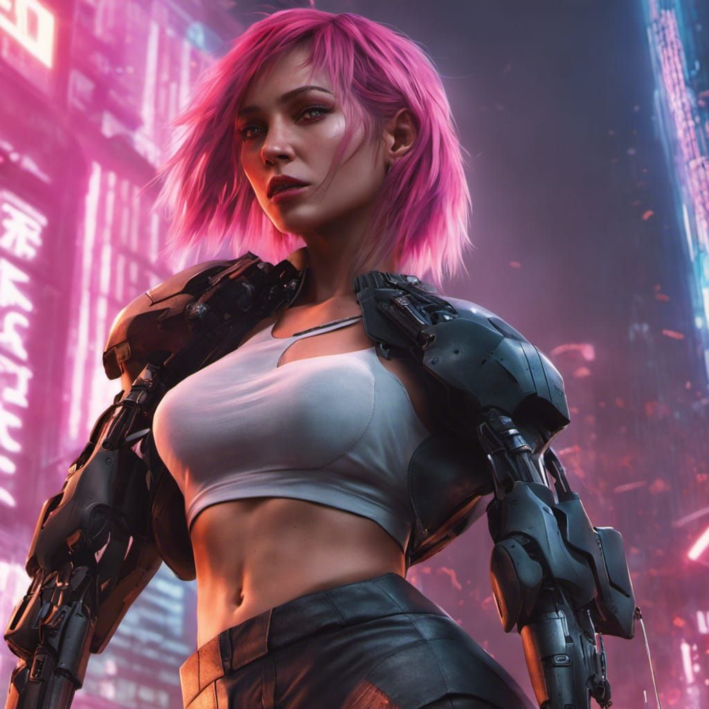 Cyberpunk Anime Woman with Robotic Arms in Neon City