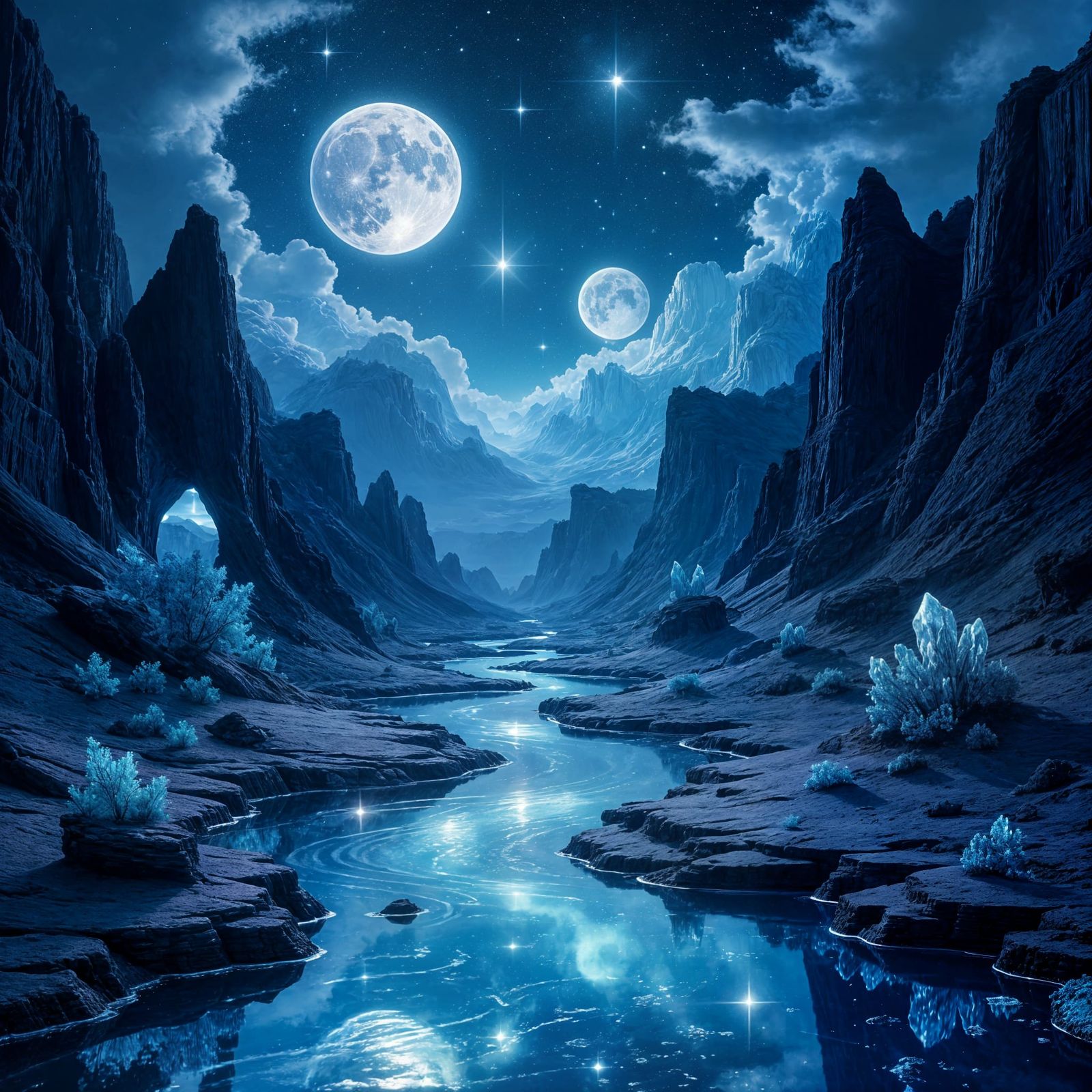 Ethereal Starlight Rivers Flow Through Obsidian Canyons Unde...