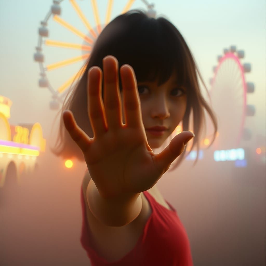 Girl Reaching from Digital Haze in Retrofuturistic Style