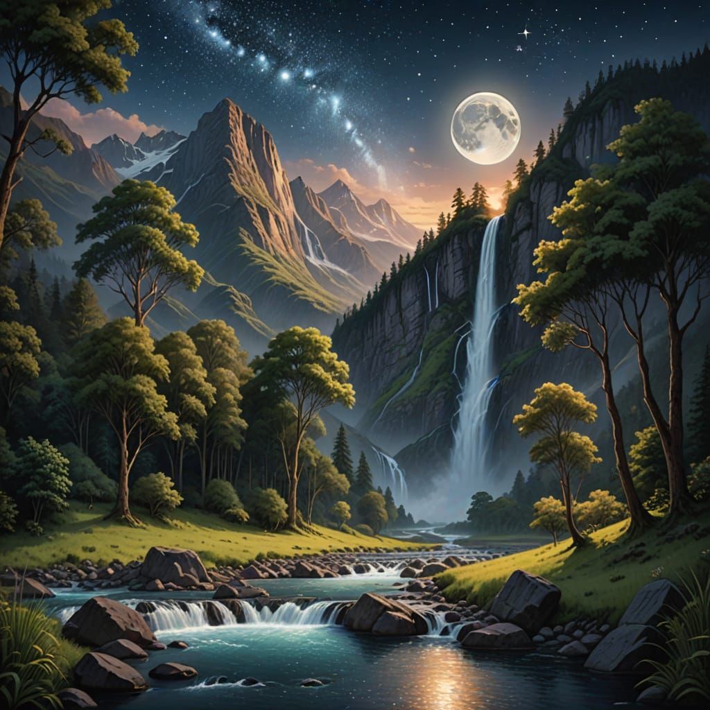 Scenic Mountain Waterfall at Dusk
