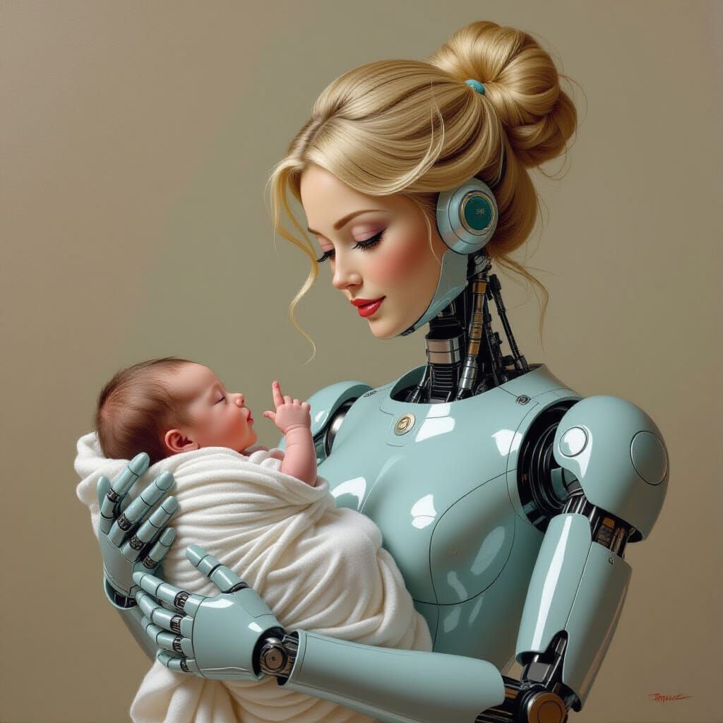 Surreal Painting of Automaton Midwife Holding Newborn