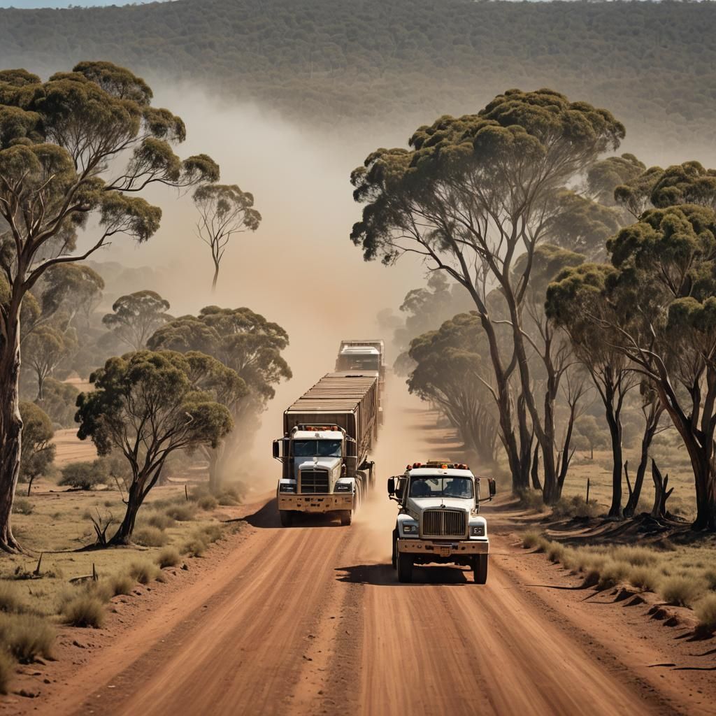 Australian Road Train on Dusty Outback Road