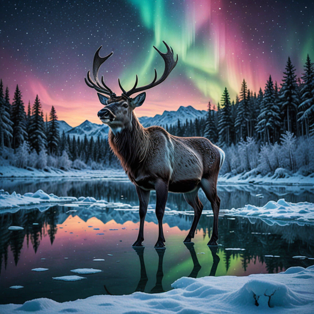 Majestic Reindeer Illuminates Frozen Lake Under Vibrant Auro...