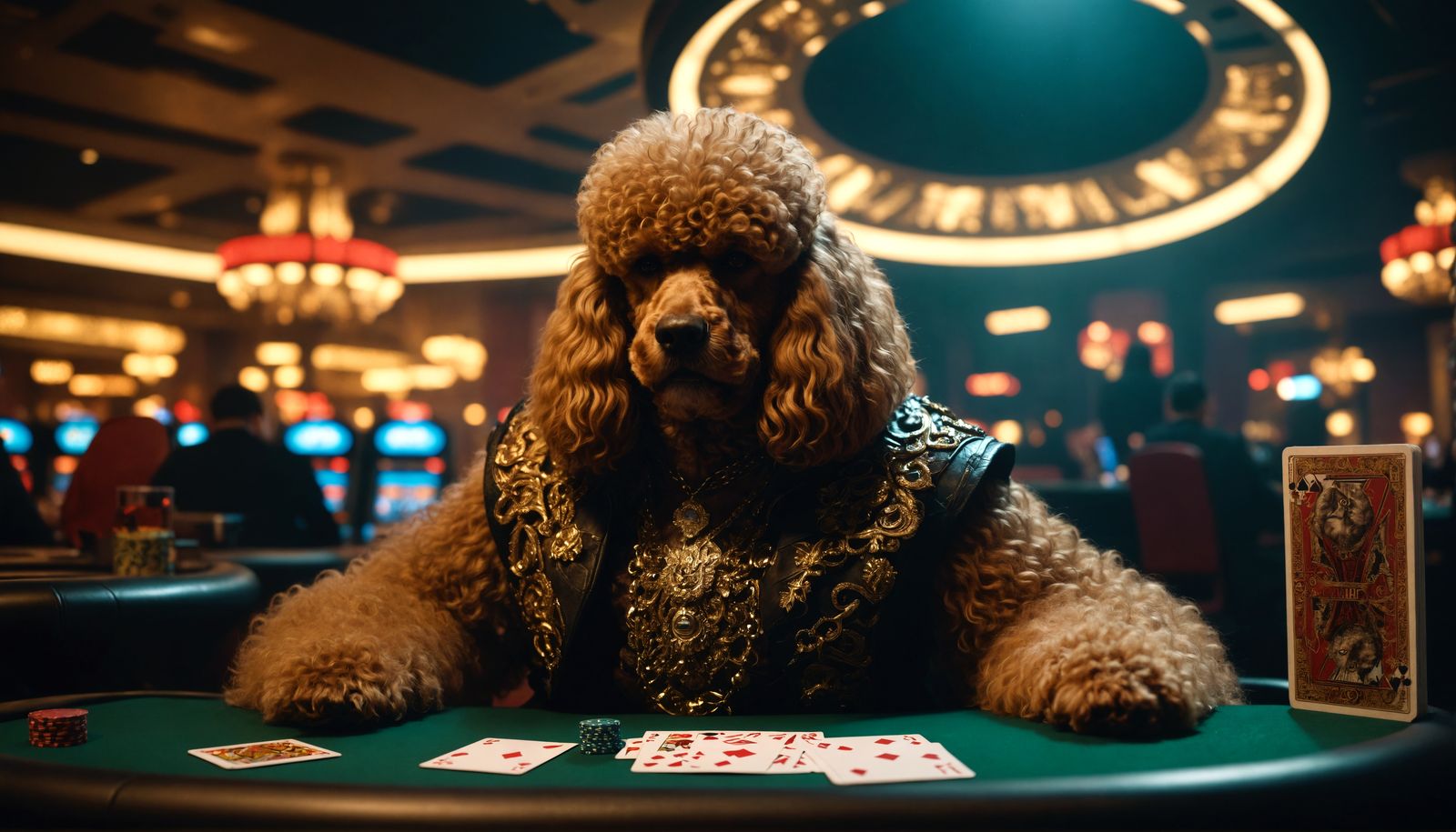 Cinematic shot of a big muscular poodle Wookie in an undergr...