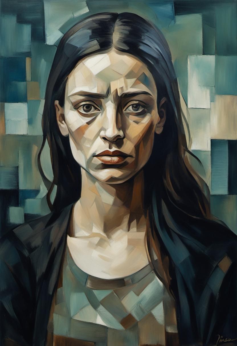 Melancholic Female Portrait in Cubist Style