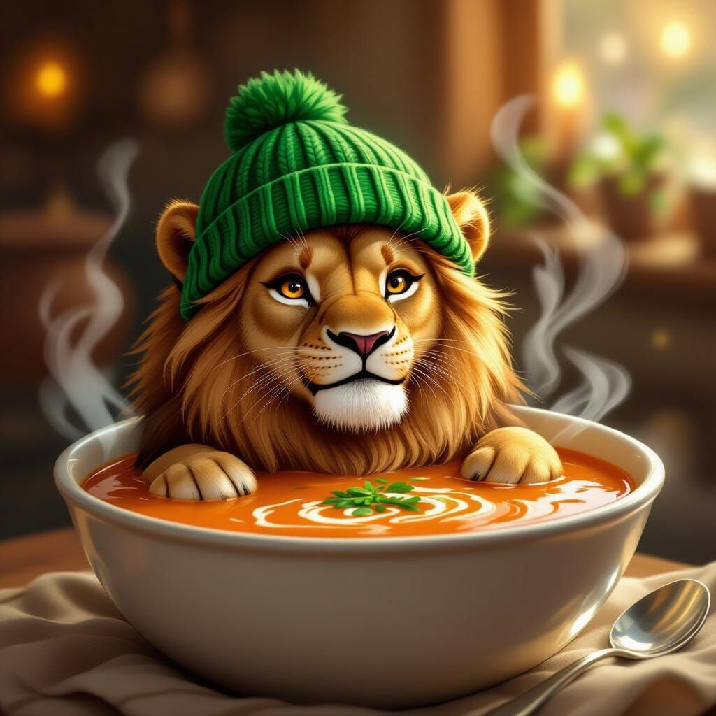Lion in Beanie Sits in Tomato Soup