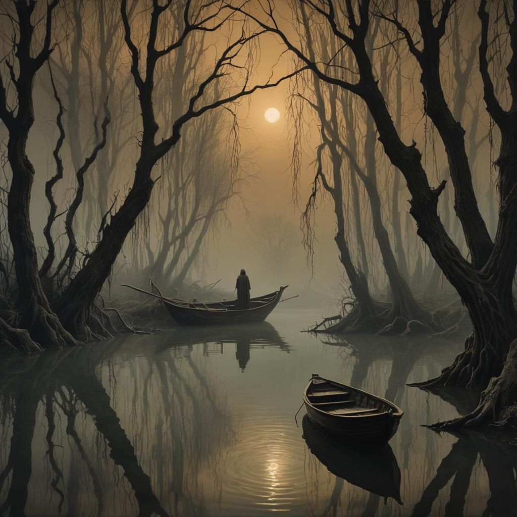 Tormented Soul at the River Styx in Surreal Style