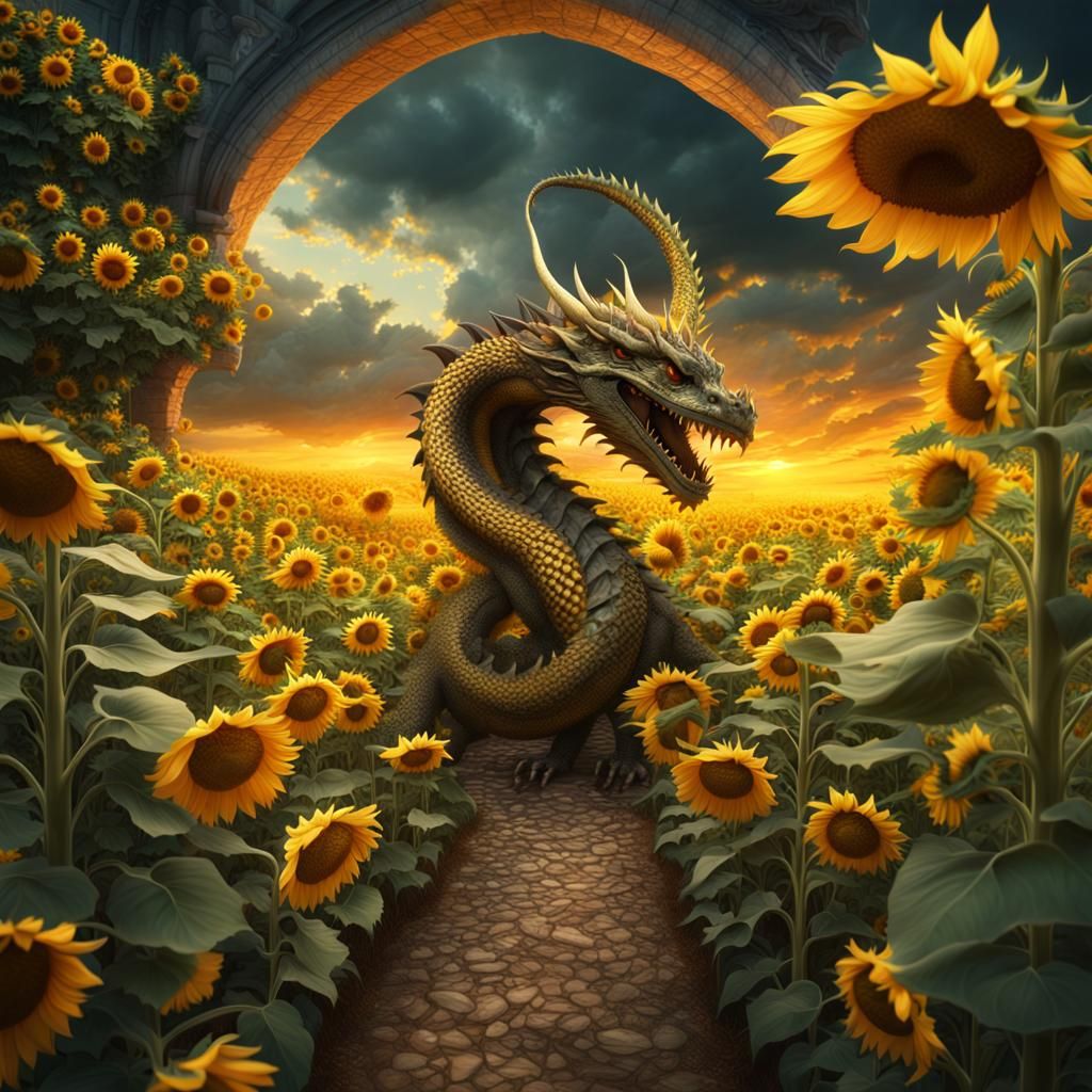 Dragon in Sunflower Garden: Epic Digital Painting