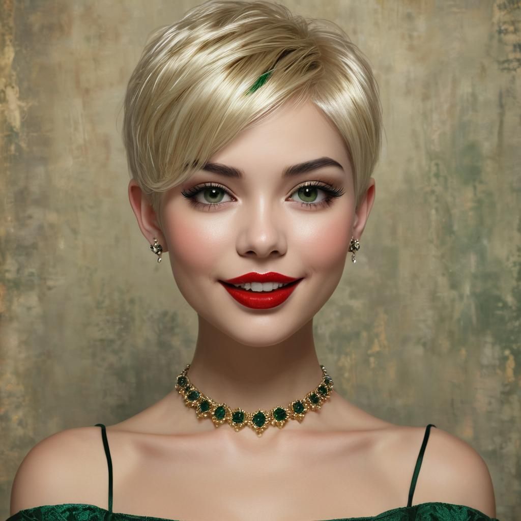 Gothic Queen Portrait with Emerald Dress, Comic Book Style