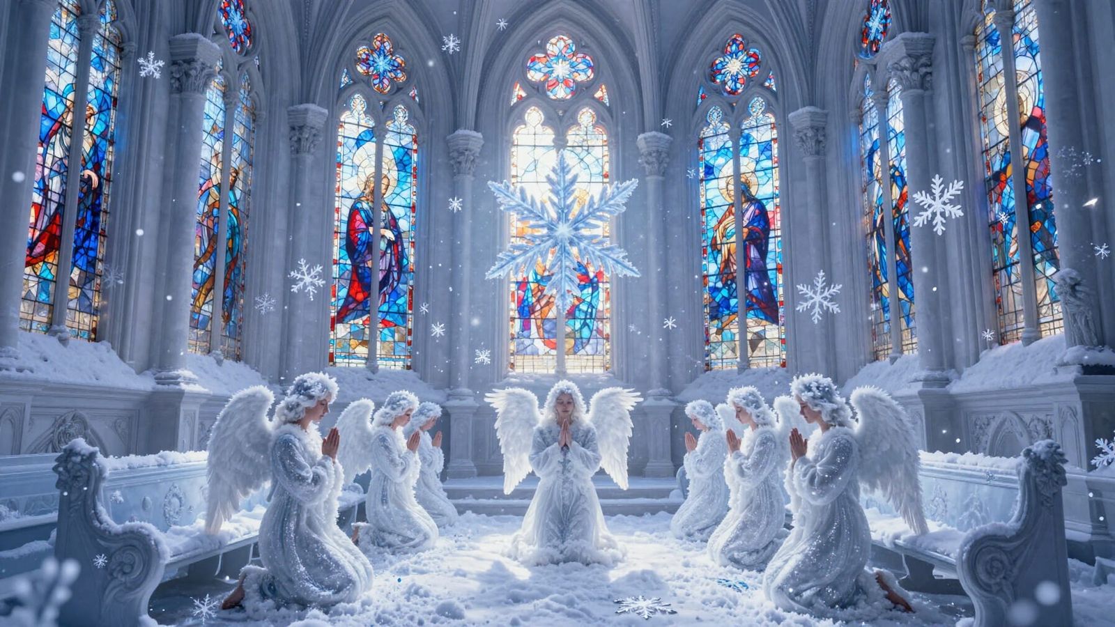 Divine Snowflake Cathedral with Angels in Ethereal Style