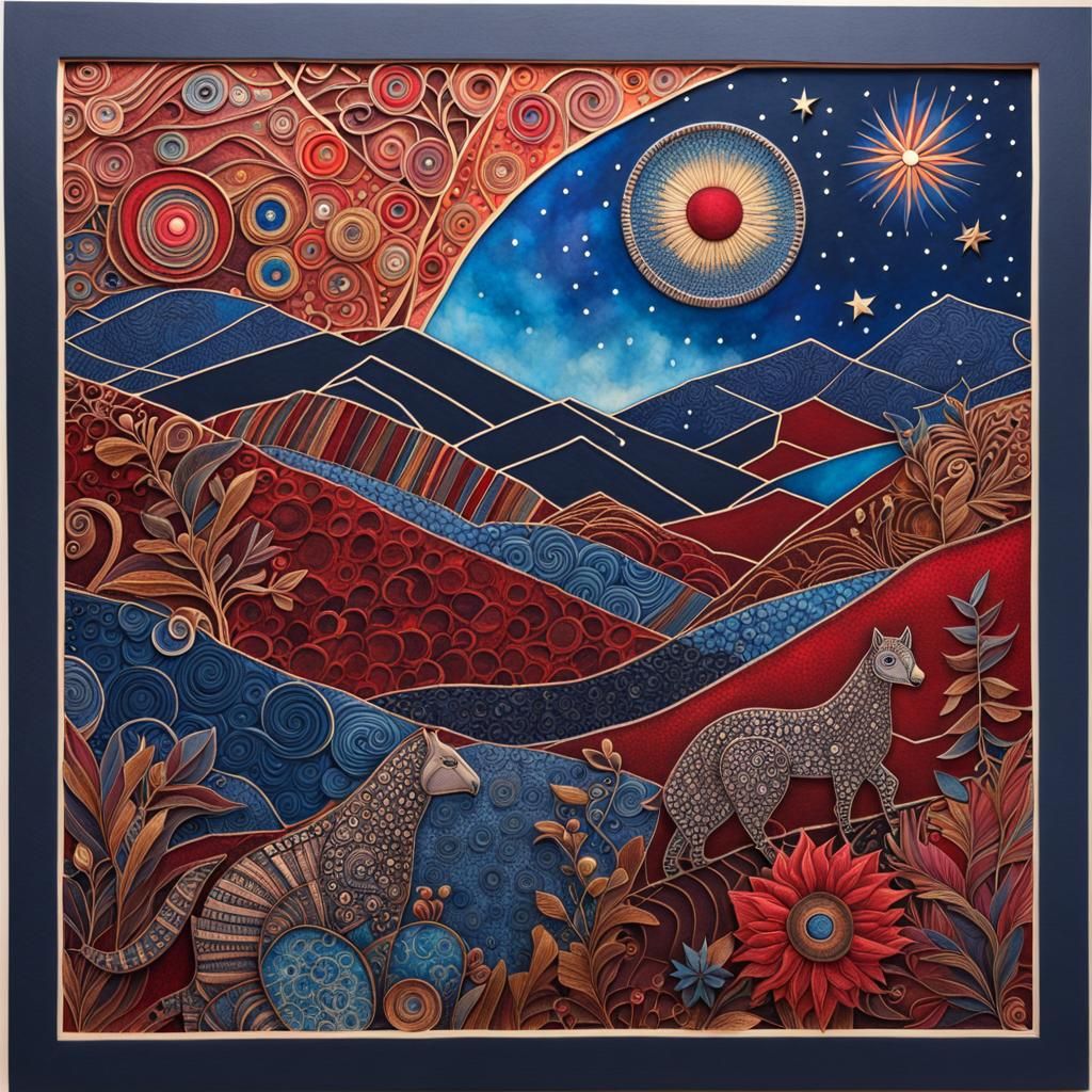 Zentangle Animals Under Starry Sky in Collage Style