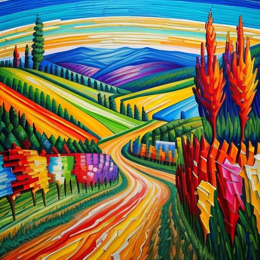 Rustic Mosaic Landscape in Impasto Acrylic Painting