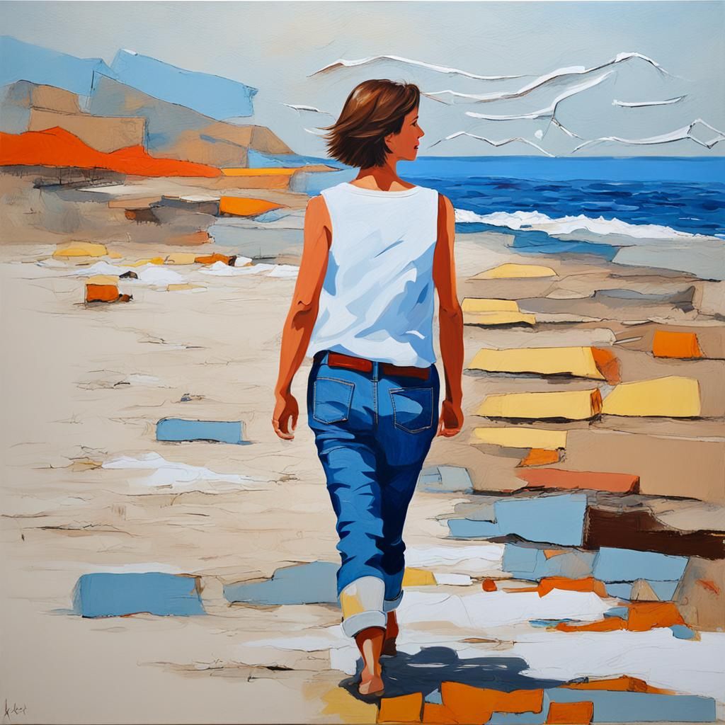 Mature Woman Walking on Beach in Abstract Art Style