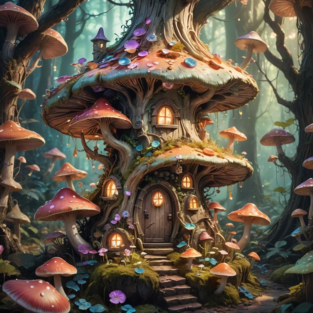 A fairy mushroom house in an enchanted bioluminescent forest.