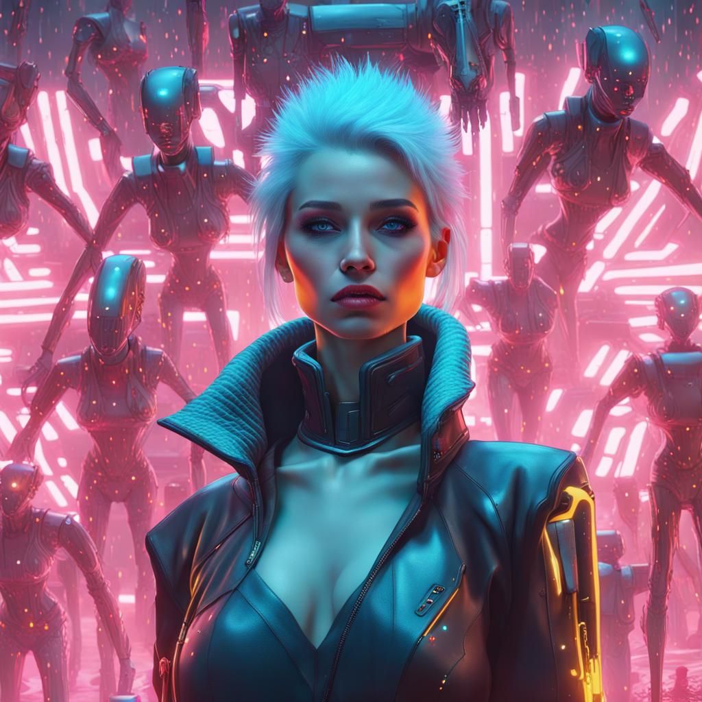 Cyberpunk Snow Queen and Robot Snowmen