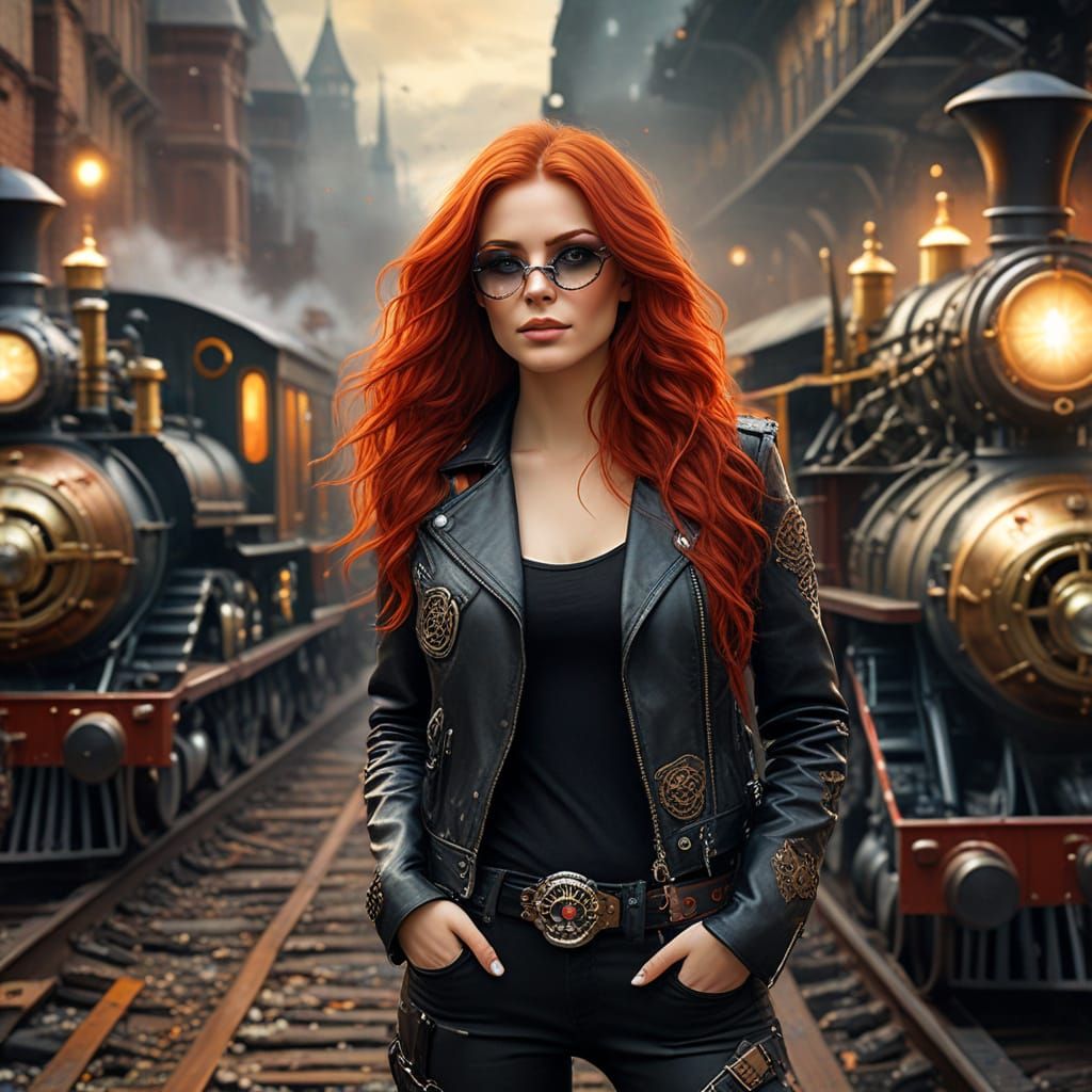 Steampunk Woman with Red Hair and Eyepatch