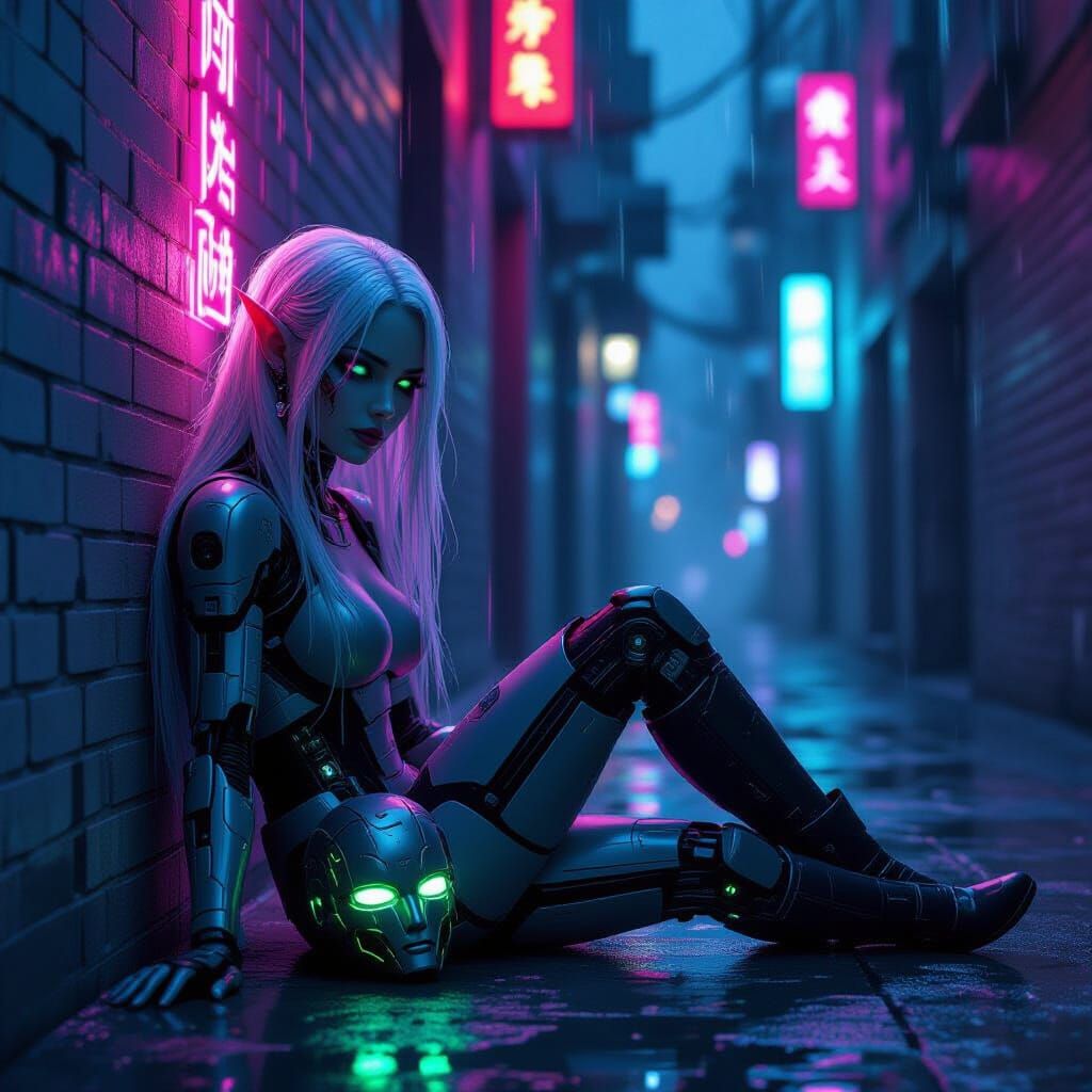 Cyborg Woman in Neon Alley, Cyberpunk Style