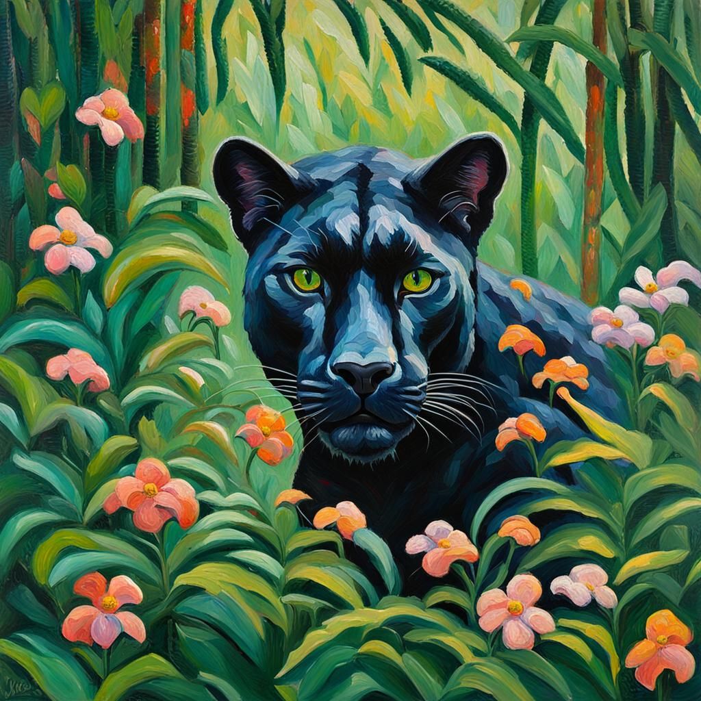 Panther in Jungle: Neo-Impressionistic Oil Painting