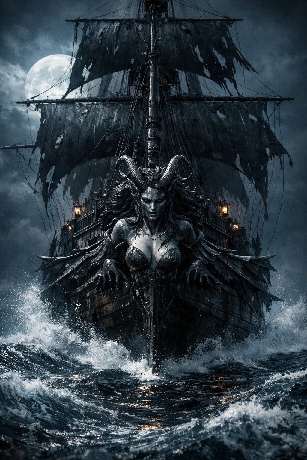 Cursed Pirate Galleon Battles Moonlit Waves