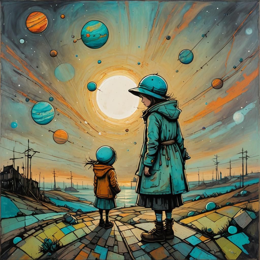 Planets at Sunrise in Naive Art Style