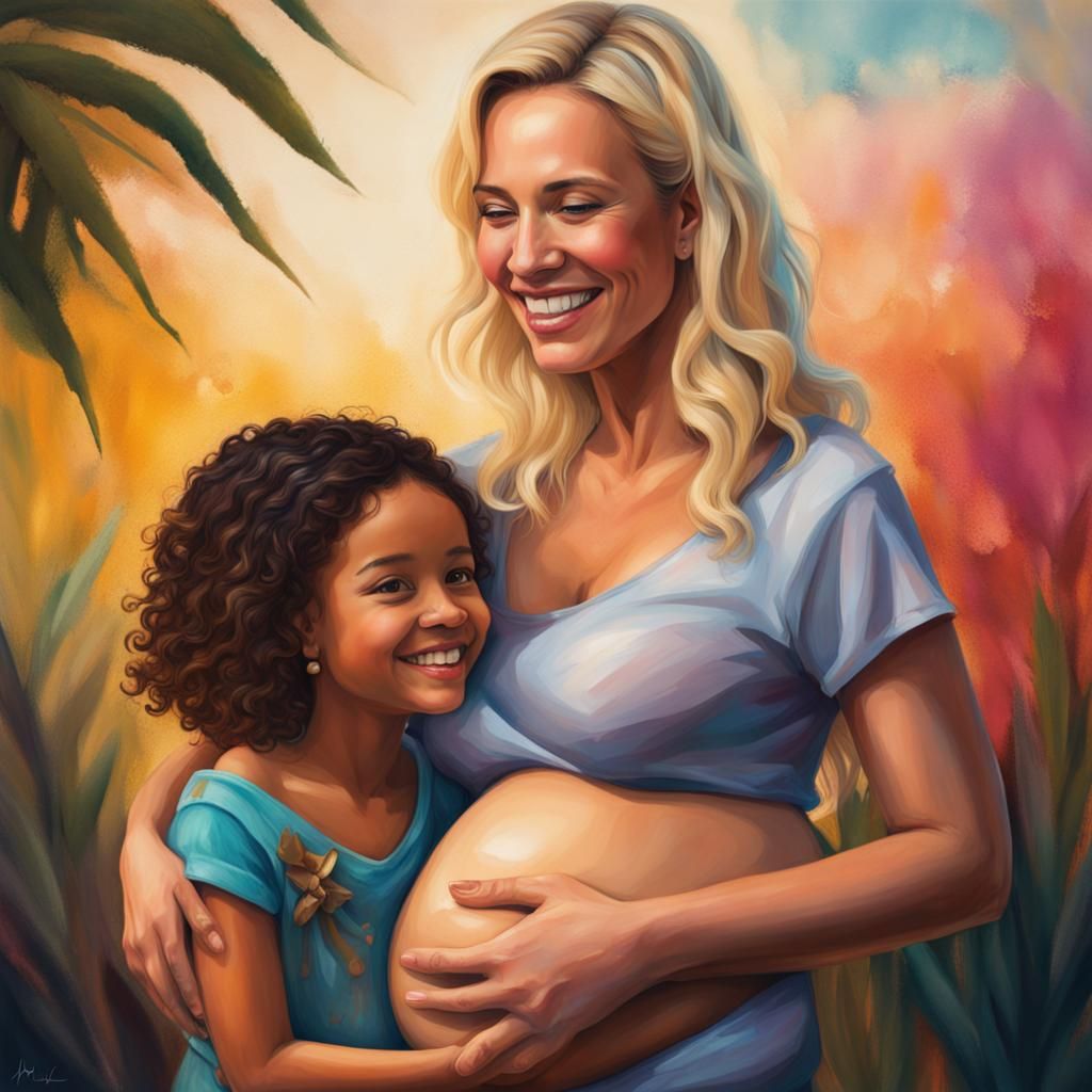 Pregnant Woman with Daughter: Hyperrealistic Splash Art