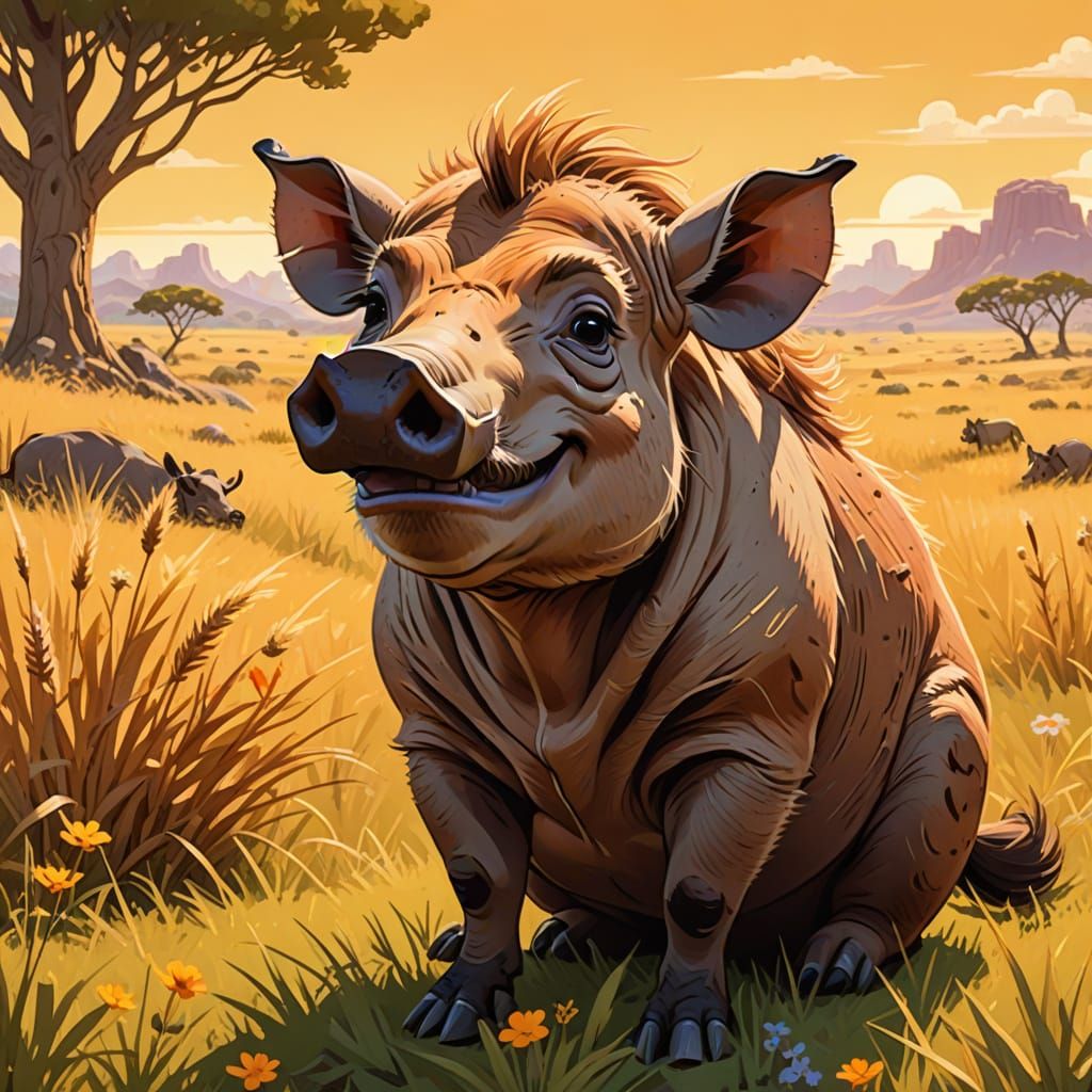 Pumbaa the Warthog Enjoys a Sunny Savanna Snack