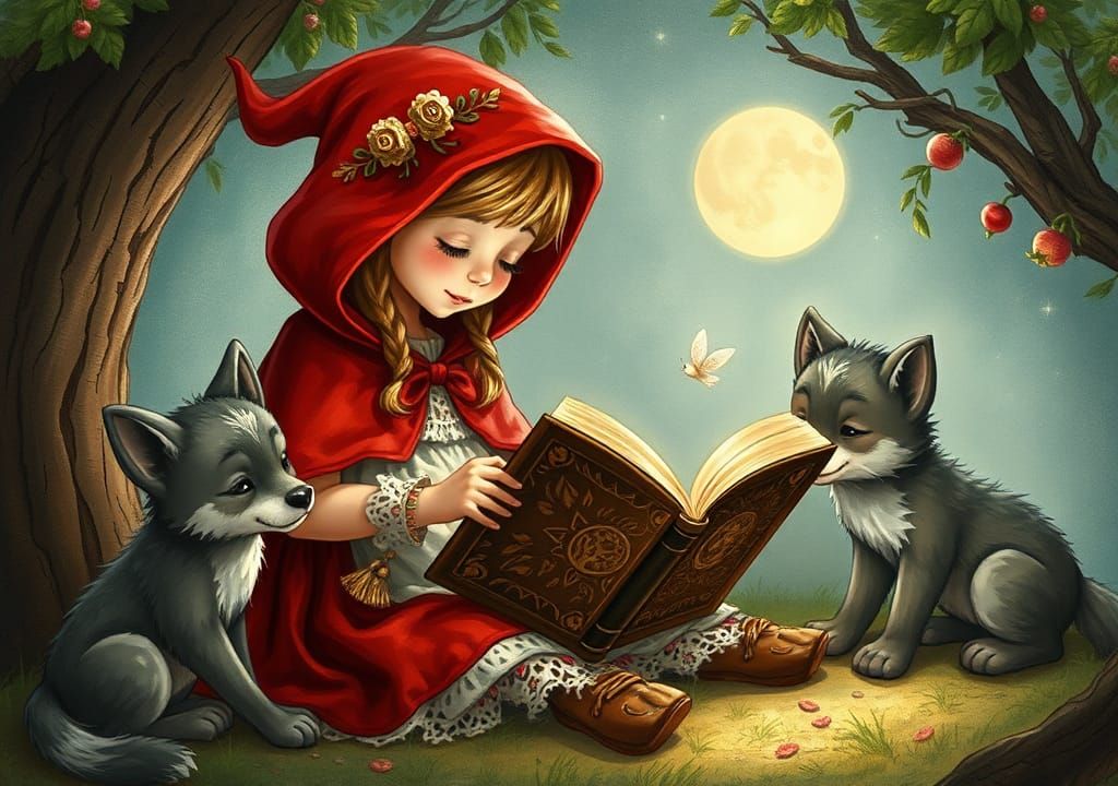 Whimsical Storybook Illustration of Little Red Riding Hood R...