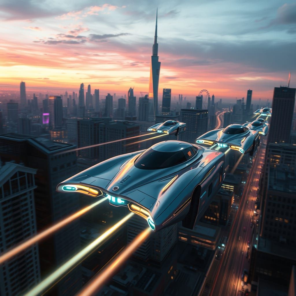 Sleek Flying Cars Soar Through Futuristic Cityscape at Dusk