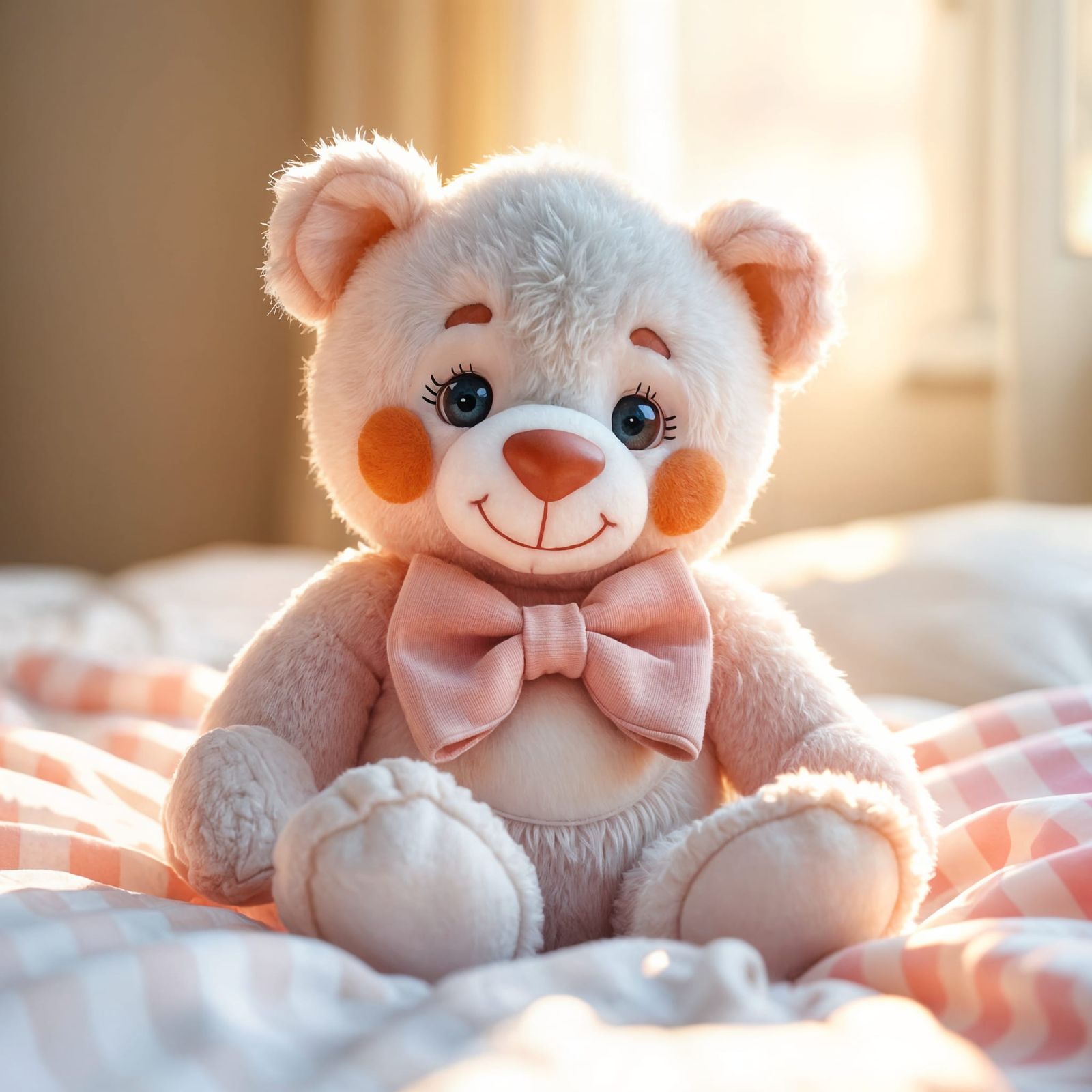 Adorable Teddy Bear with Bow Tie on Cozy Bed