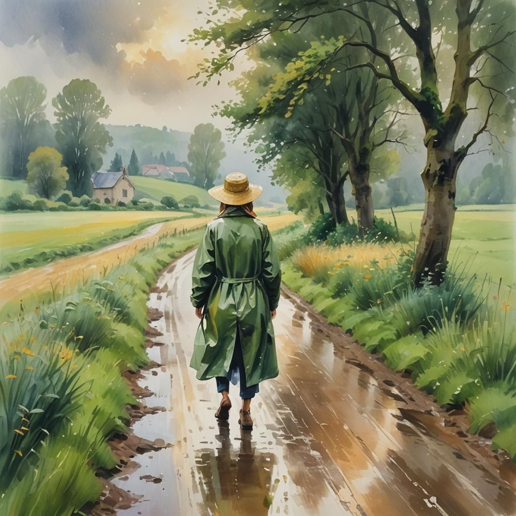 Impressionist Woman Walks in Rainy Countryside