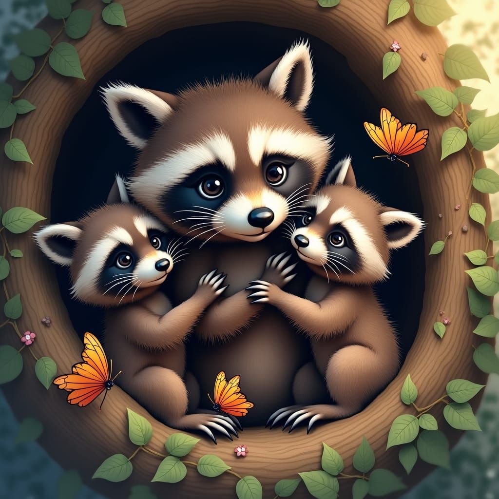 Hyperrealistic Raccoon Family in Tree Hollow