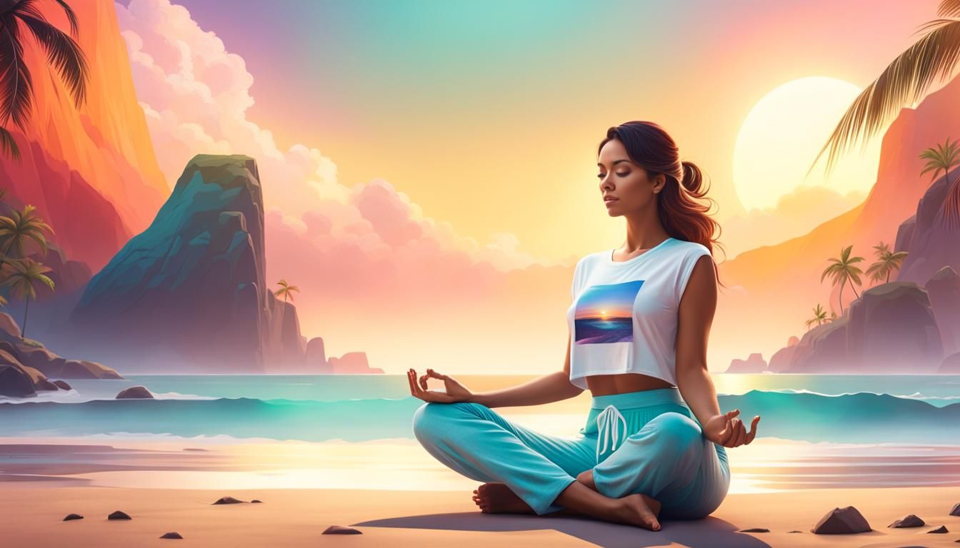 Young Woman Practices Beach Yoga in 3D Shading