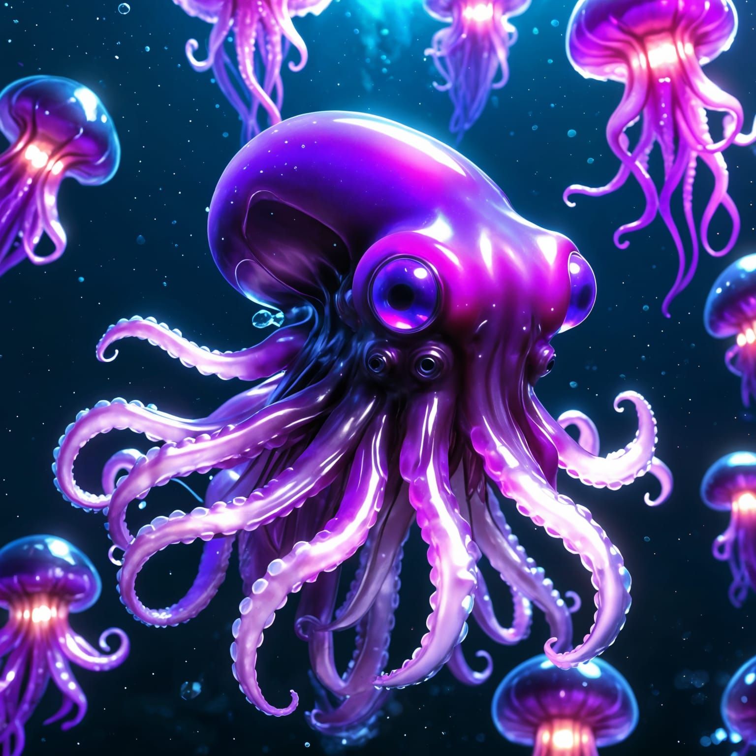Bioluminescent Squid in Cosmic Jelly Sea