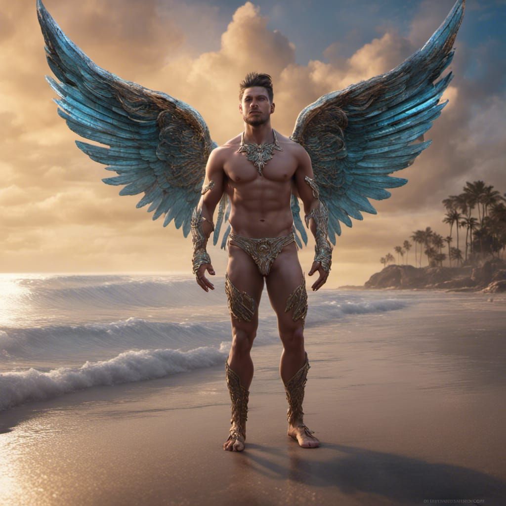 Masculine Angel in Bismuth Thong on Beach