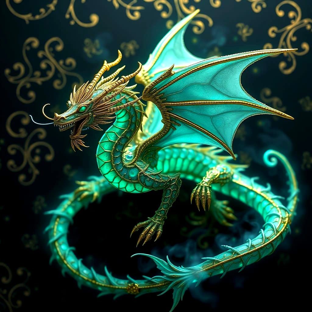 Bioluminescent Dragon with Brass Filigree Design