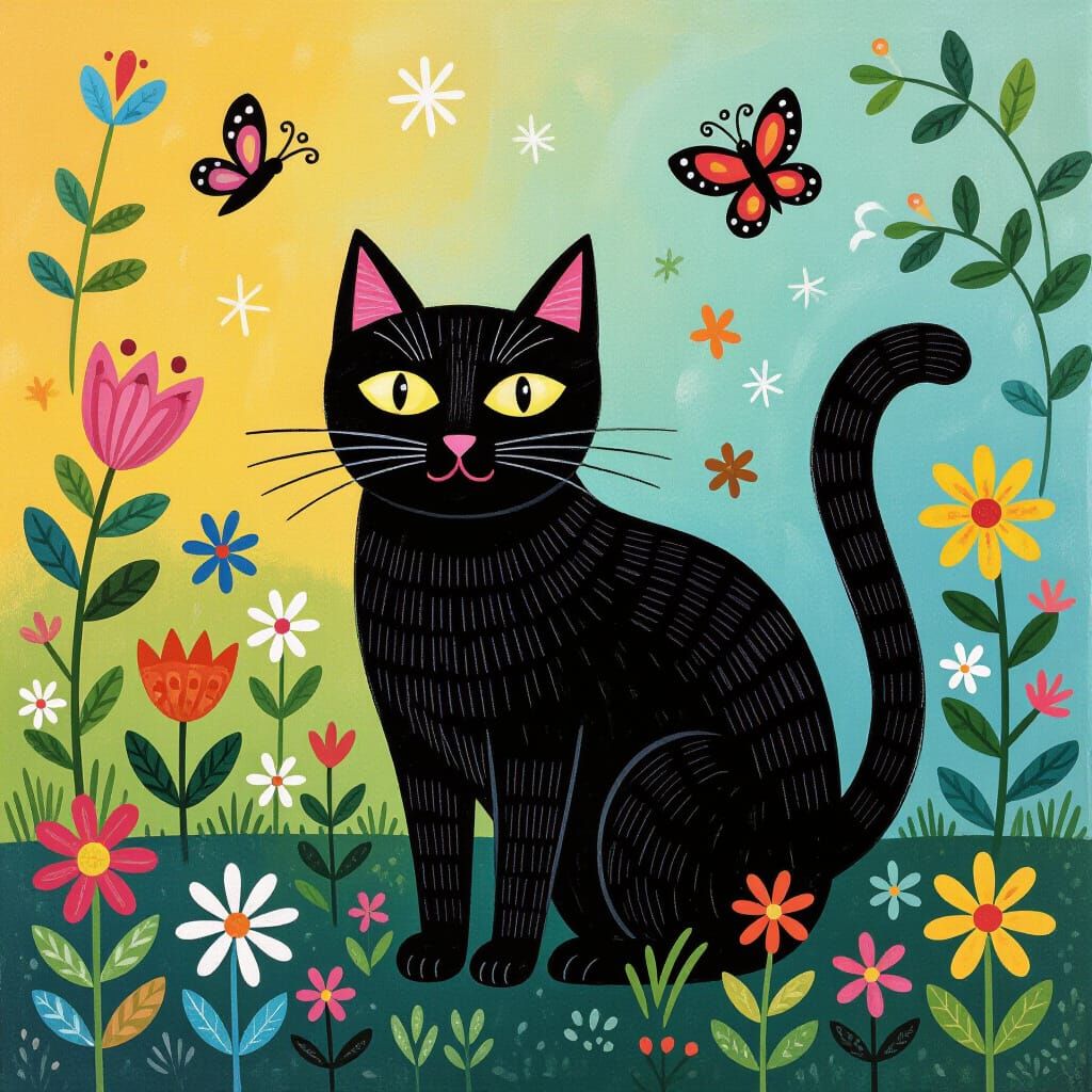 Magical Black Cat in Garden: Primitivism Style