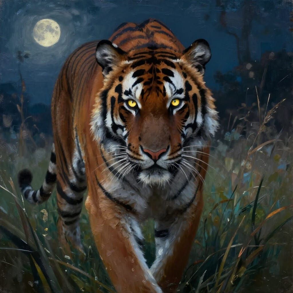 Majestic Tiger in Moonlit Grass Oil Painting