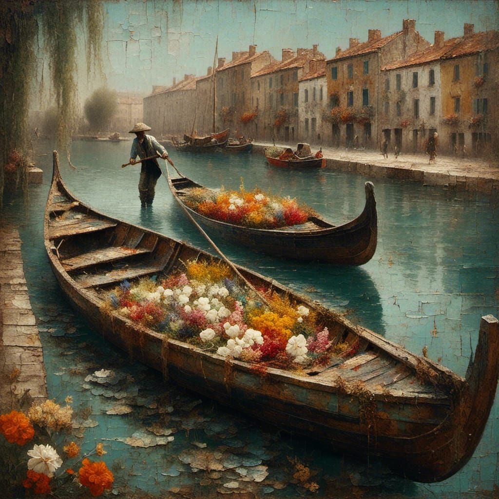 Floral Gondola: Oil Painting with Cracked Varnish