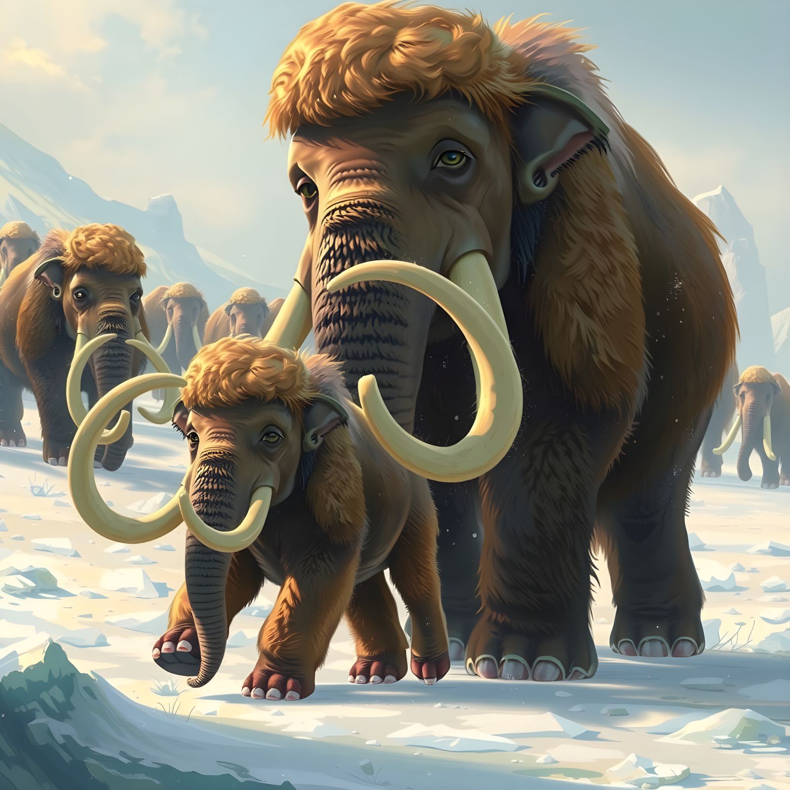 Mammoth Family Roams the North Pole in a Winter Wonderland