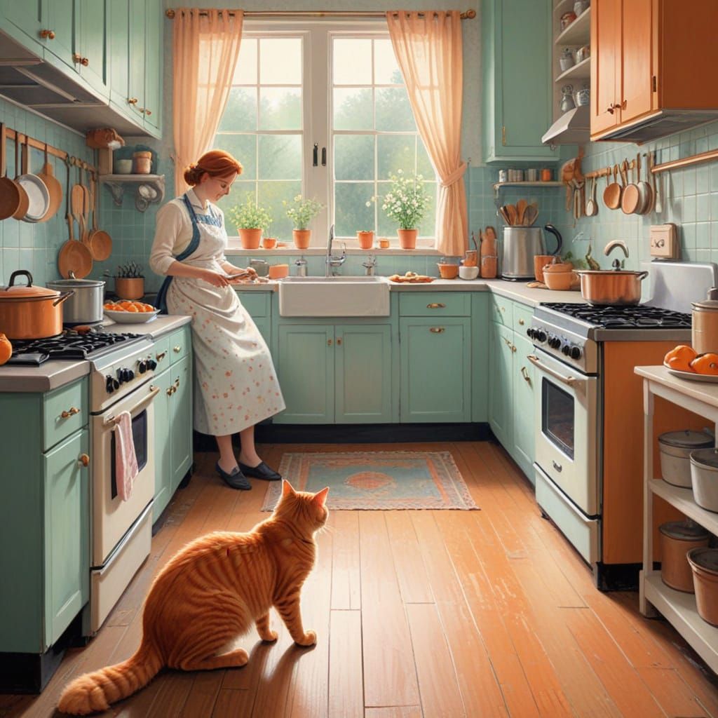 Cozy Vintage Kitchen Scene with Cat and Grandma, Pastel Styl...