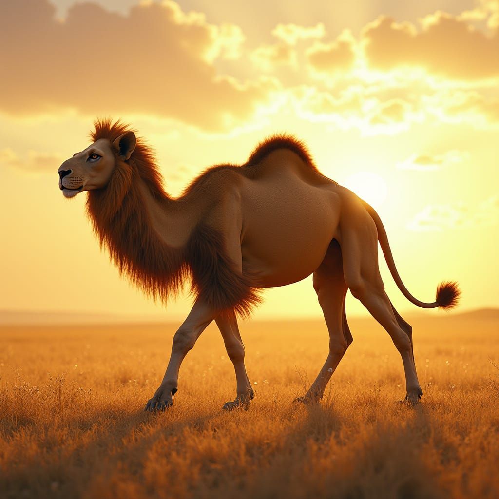 Camel-Lion Hybrid Roams Sun-Drenched Savannah