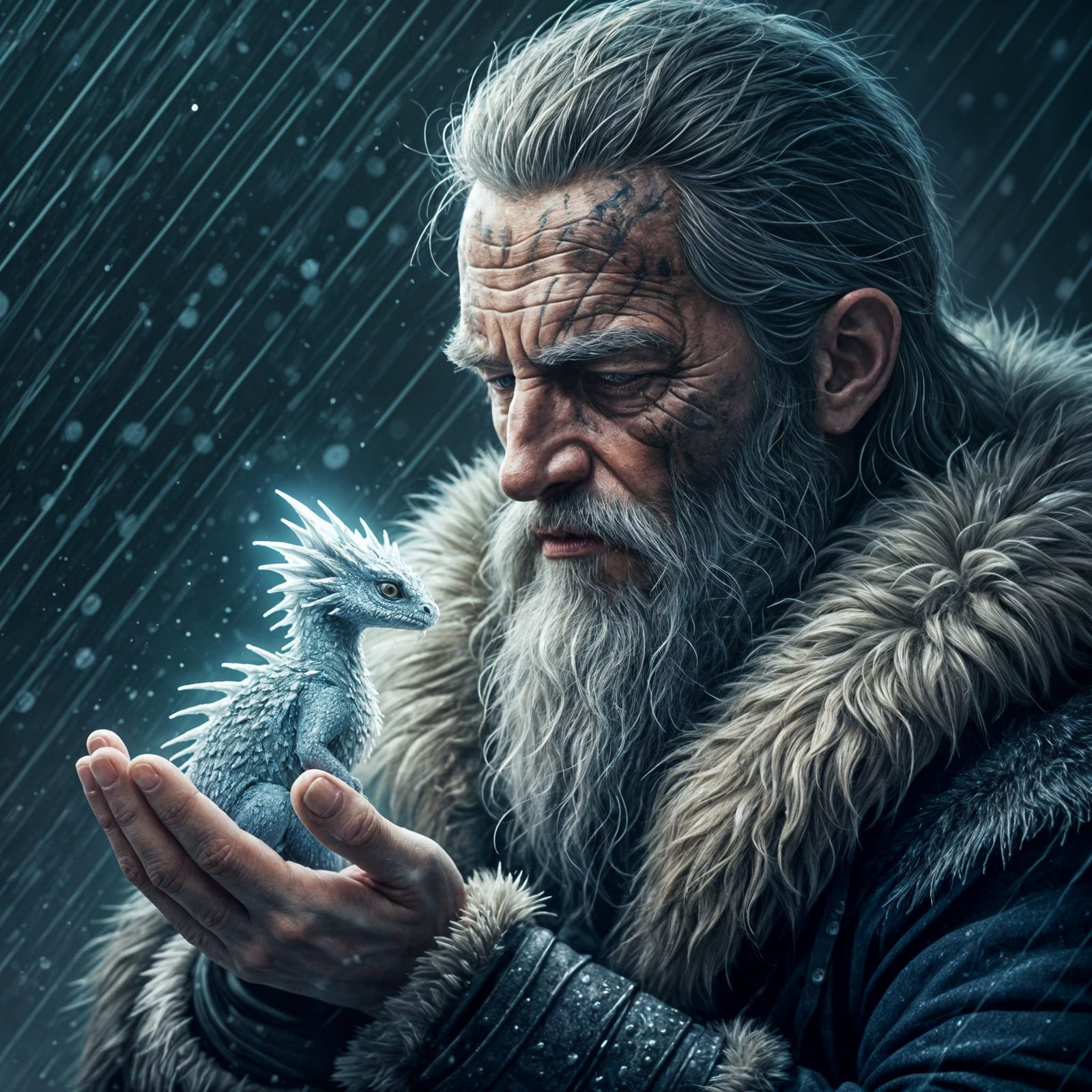 Fierce Viking Protects Tiny Dragon in Snowstorm