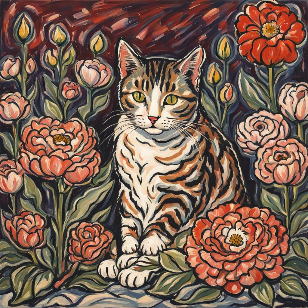 Raw Expressionist Cat Amidst Blooming Flowers in Vibrant Col...