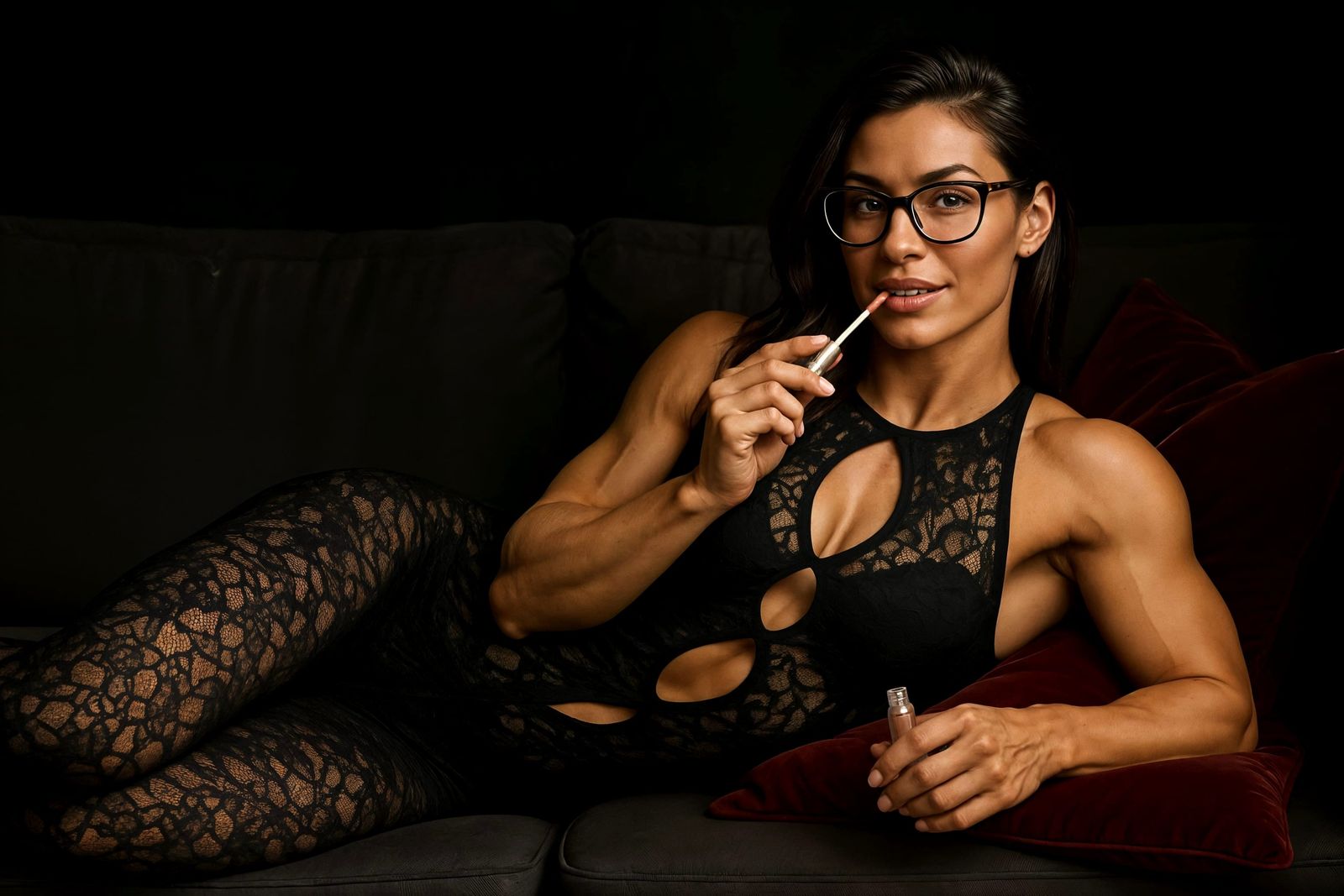 Confident Fitness Model Reclining in Elegant Lace