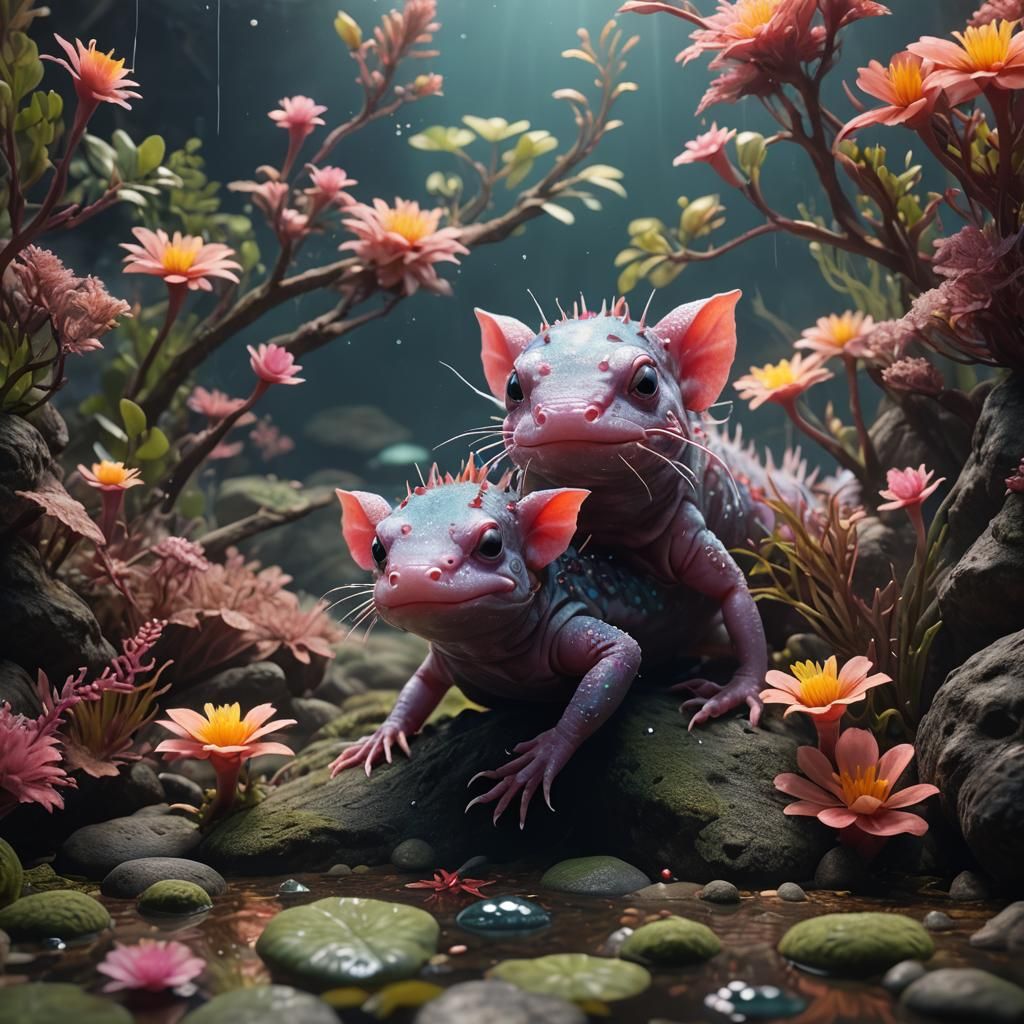 Baby Axolotl with Mom: Detailed Fantasy Art