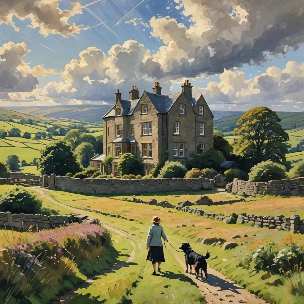 Impressionistic Yorkshire Dales House with Woman and Dog