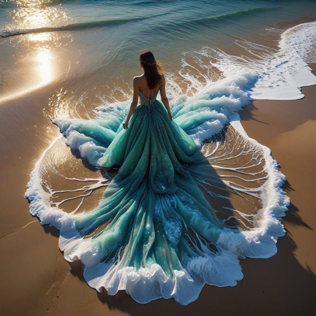Woman Made of Water and Nebula on Tropical Beach