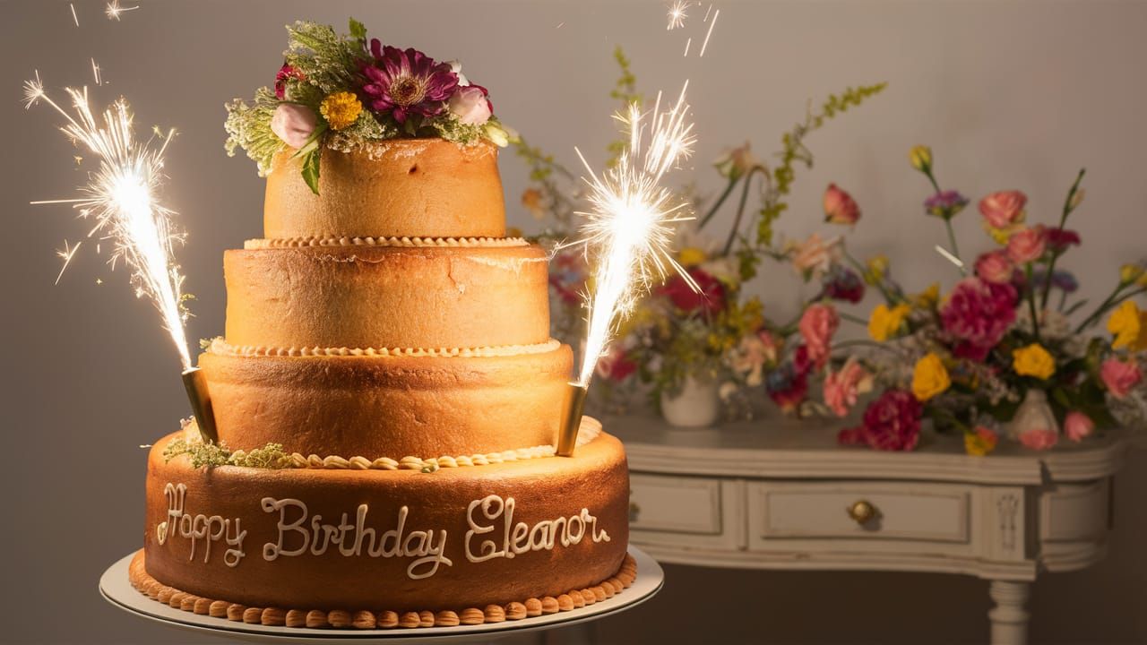 Elegant Birthday Cake with Flowers and Sparkler