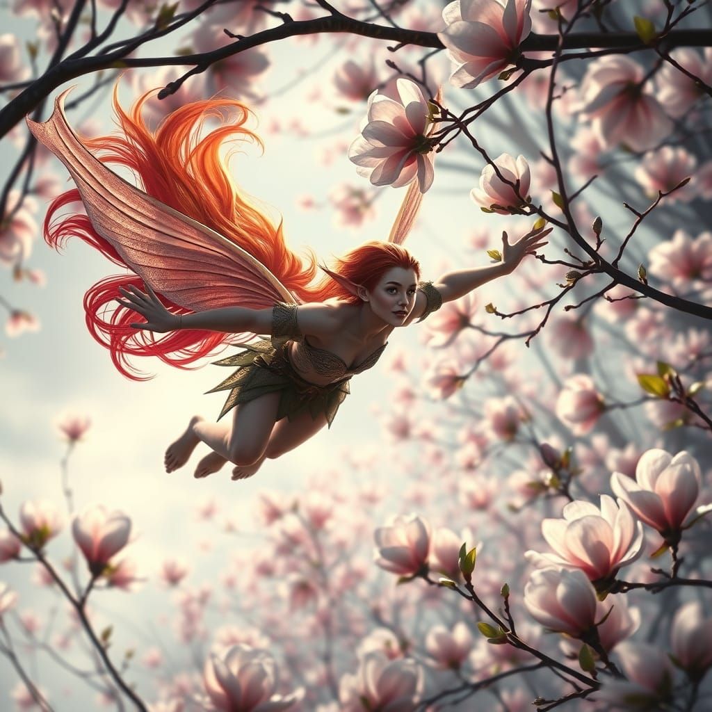 Red Haired Elf Flying Through Magnolia Trees